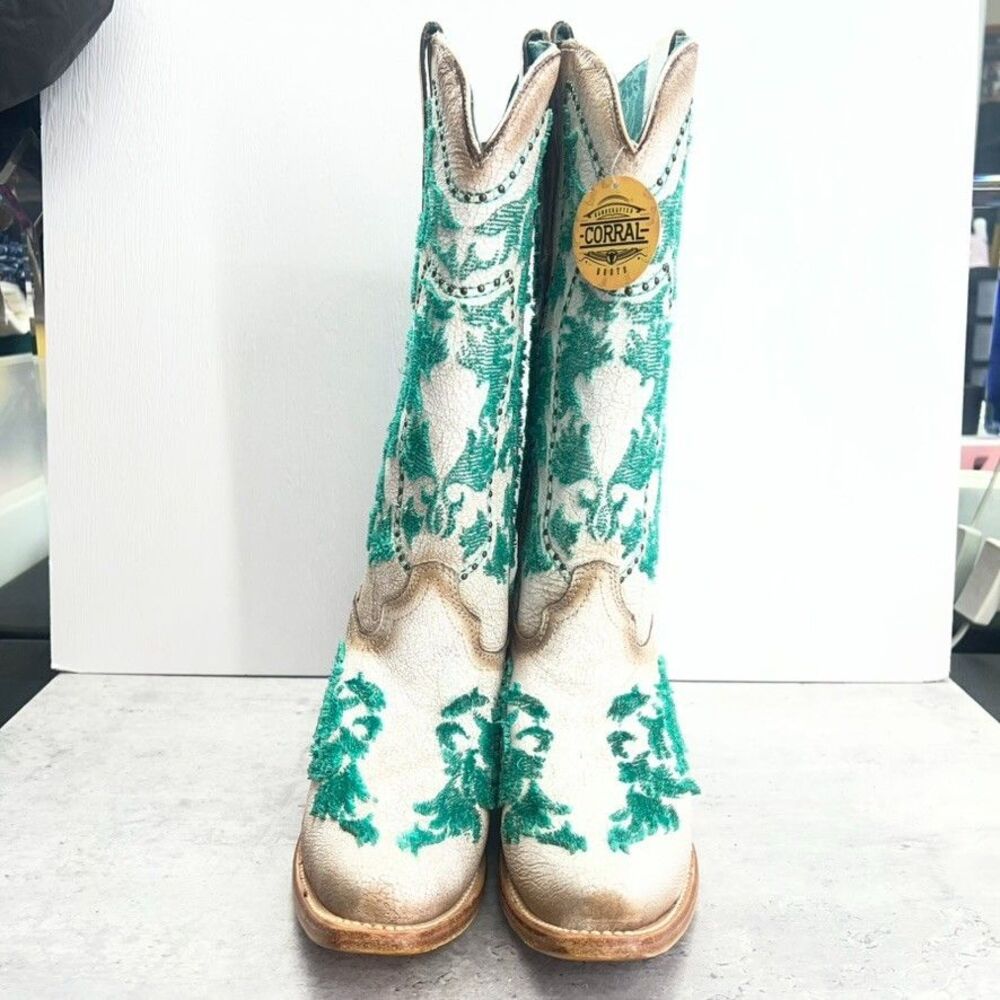 Corral Pull On Knee High White Green Crackled Bristle Western Boots Womens 8M - Picture 4 of 13